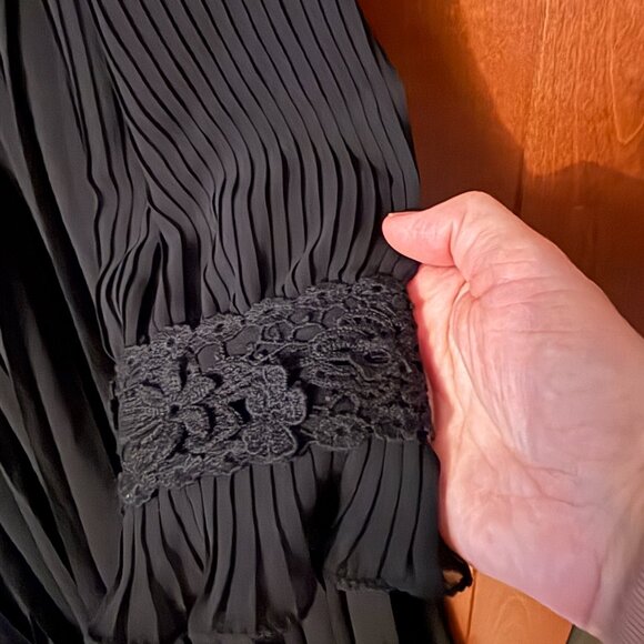 Polo Ralph Lauren Sz 14 Black Georgette Lace Trim Pleated Long Dress Chic - Picture 9 of 12